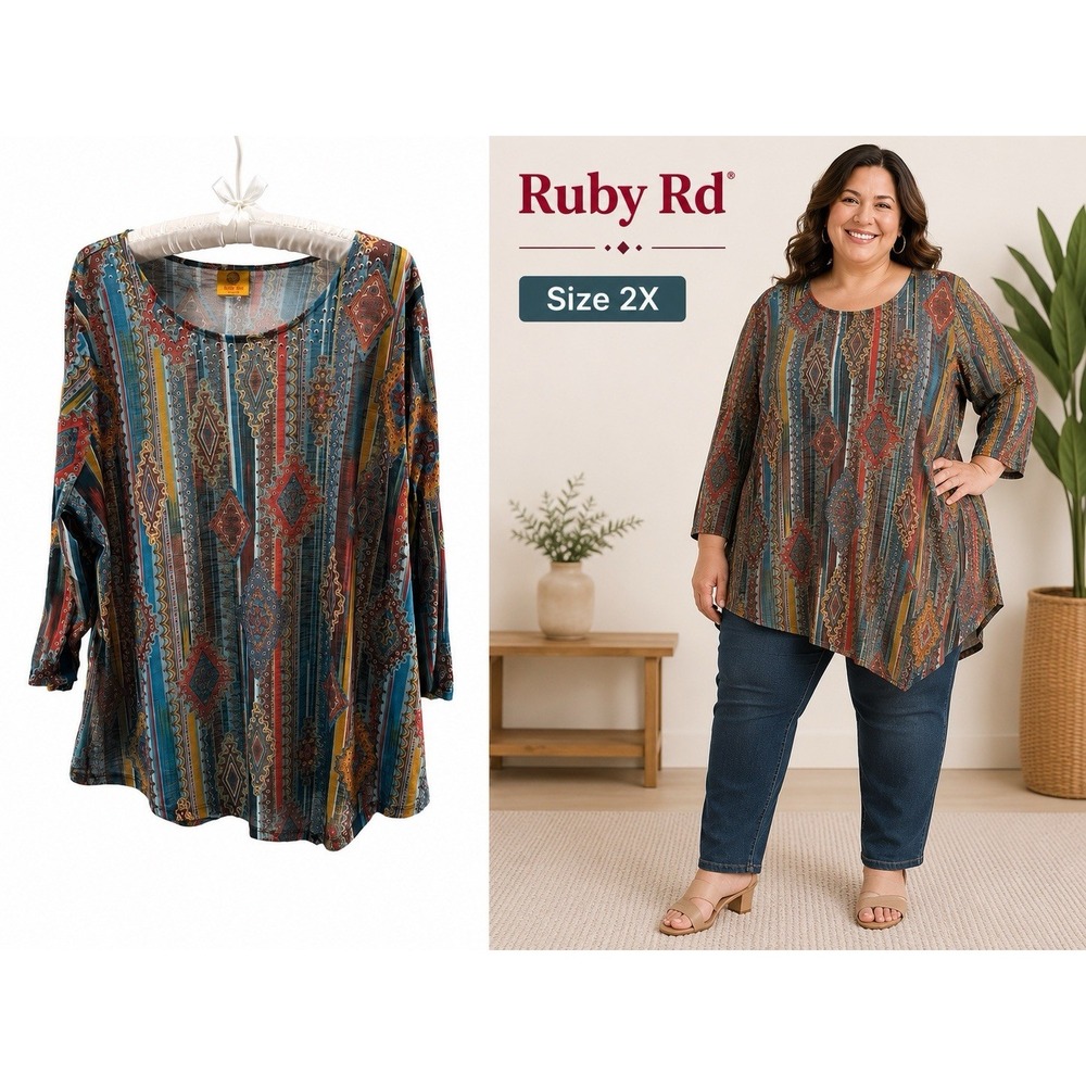 Ruby Rd Woman Boho Asymmetrical Tuni Top 2X Teal Rust Geometric Studded